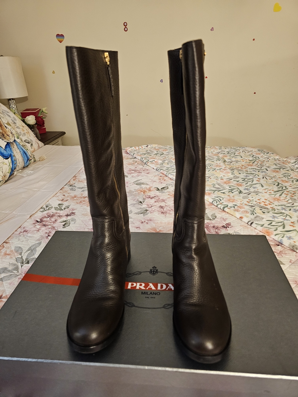 Prada Tall Leather Zip Boots in Brown